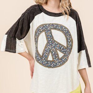 PEACE SIGN PATCH MINERAL WASHED COLOR BLOCK TOP blk/white NWT